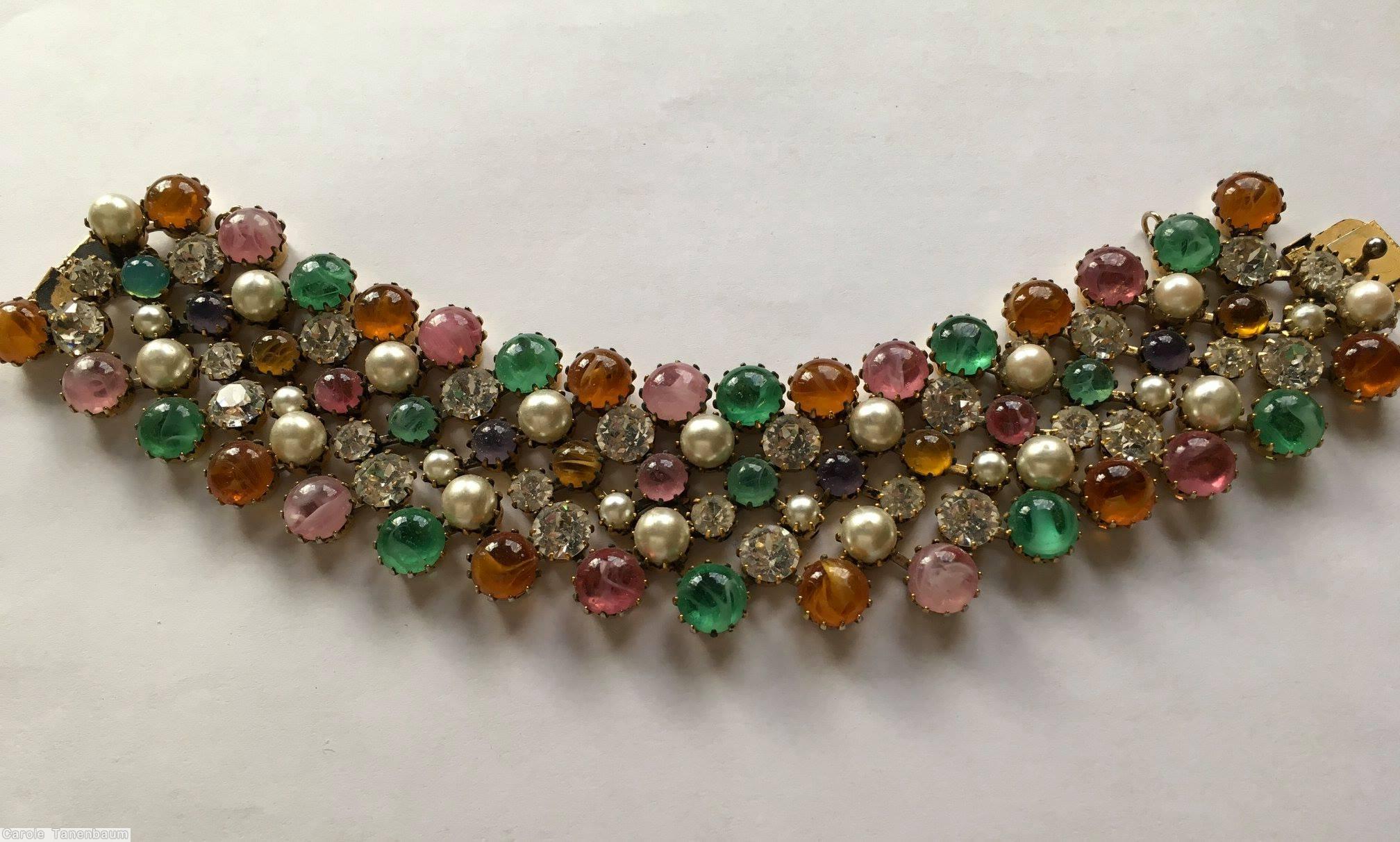 Schreiner 6 row all chaton bracelet emerald marbled pink faux pearl crystal marbled amber jewelry