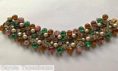 Schreiner 6 row all chaton bracelet emerald marbled pink faux pearl crystal marbled amber jewelry