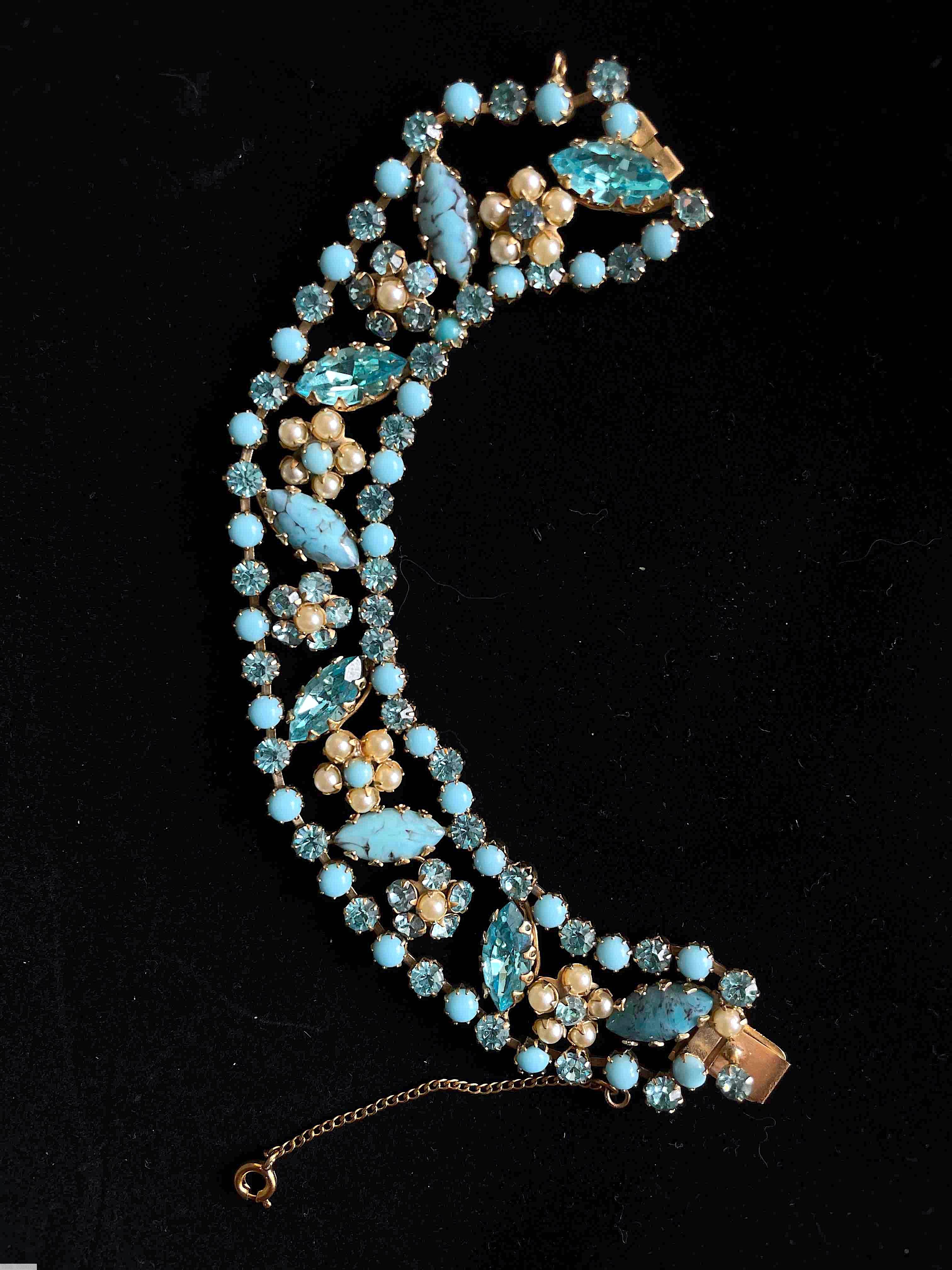 Schreiner 7 flower head 8 tilted navette 2 strands of chaton turquoise navette ice blue nvaette pearl seeds opaque baby blue small chaton ice blue small chaton jewelry