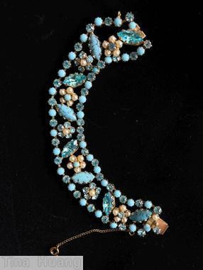 Schreiner 7 flower head 8 tilted navette 2 strands of chaton turquoise navette ice blue nvaette pearl seeds opaque baby blue small chaton ice blue small chaton jewelry