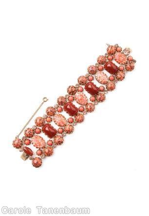 Schreiner 9 row bracelet center row mix large oval cab and large emerald cut bordered small round cab large marbled coral oval cab carnelian large emerald cut carnelian small navette matrix coral small round cab jewelry