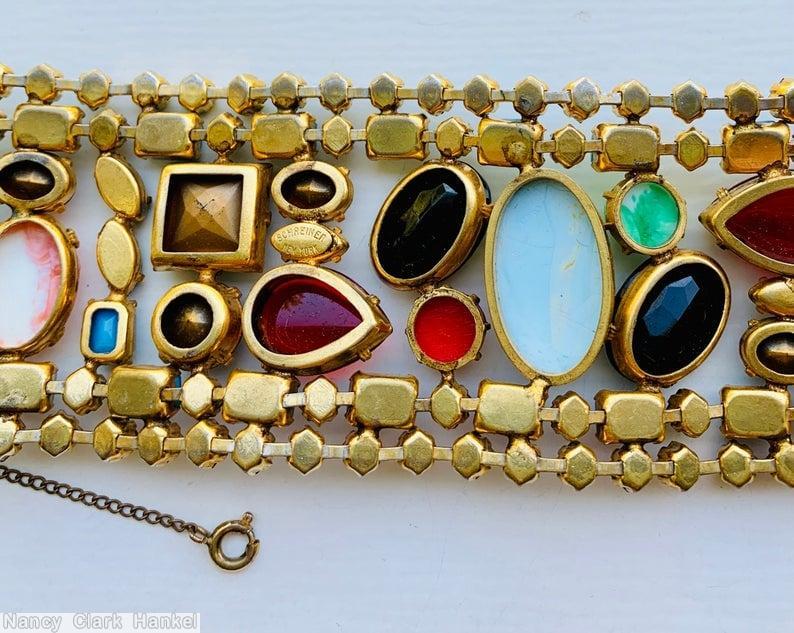 Schreiner end of day wide bracelet 3 large oval cab 2 large square stone 4 oval cab 2 teardrop small baguette small chaton small navette blue coral ruby turquoise navy green purple jewelry