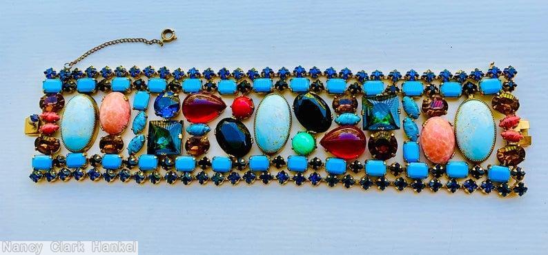 Schreiner end of day wide bracelet 3 large oval cab 2 large square stone 4 oval cab 2 teardrop small baguette small chaton small navette blue coral ruby turquoise navy green purple jewelry