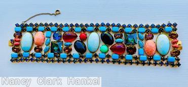 Schreiner end of day wide bracelet 3 large oval cab 2 large square stone 4 oval cab 2 teardrop small baguette small chaton small navette blue coral ruby turquoise navy green purple jewelry