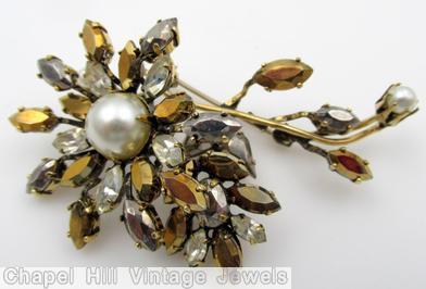 Schreiner 1 trembling flower spray pin metalic gold crystal faux pearl jewelry