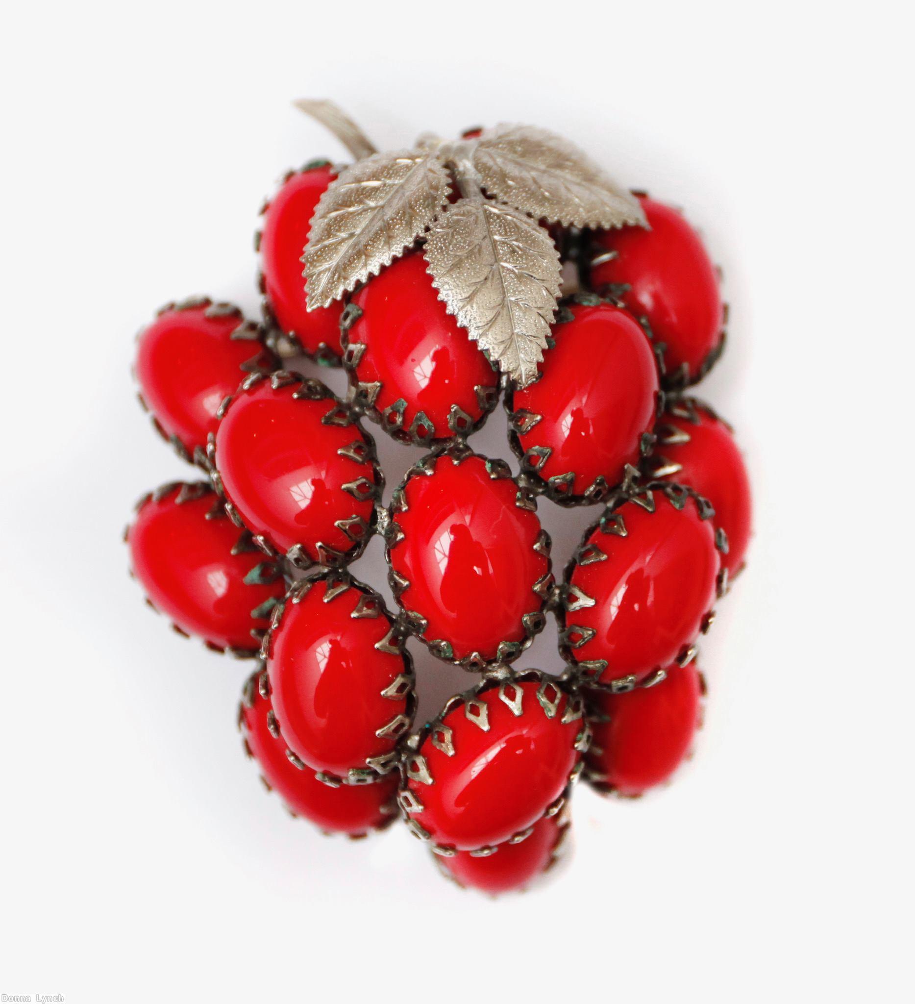 Schreiner 16 large oval cab grape pin 3 metal leaf red silver jewelry
