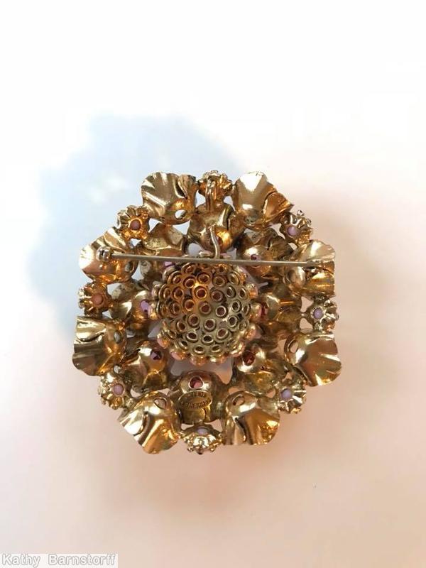 Schreiner 16 metal cup flower round pin 2 rounds 8 metal cup flower clustered seeds ball center peach clear pink clear peridot goldtone jewelry