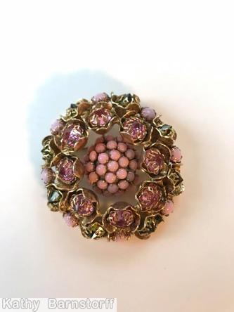Schreiner 16 metal cup flower round pin 2 rounds 8 metal cup flower clustered seeds ball center peach clear pink clear peridot goldtone jewelry