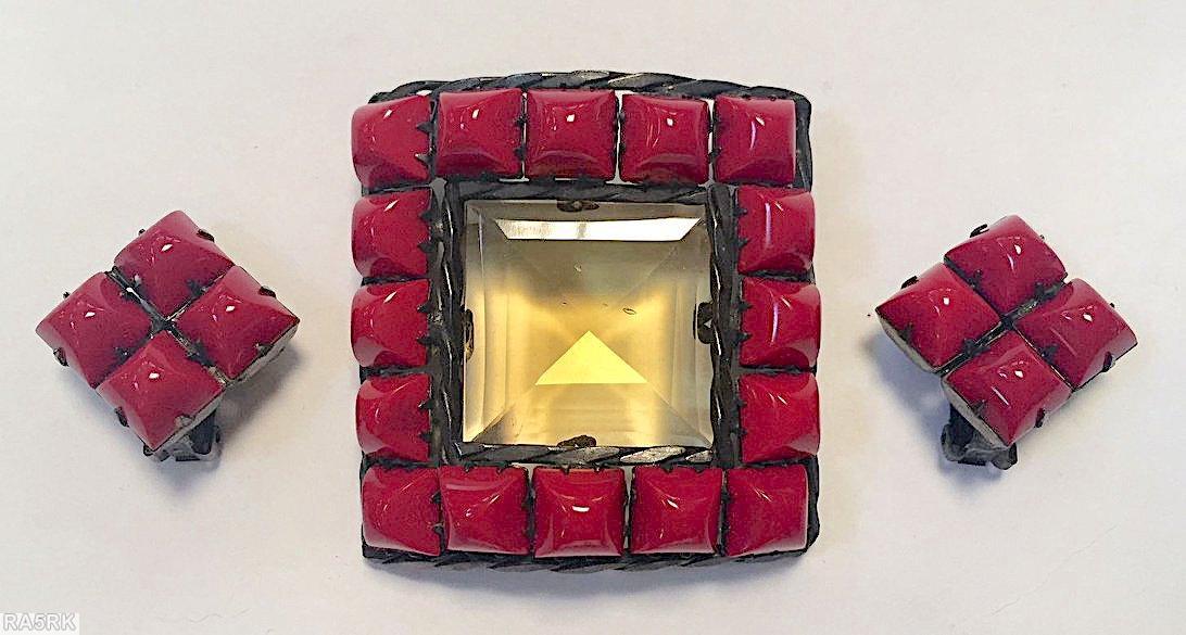 Schreiner 16 square stone bordered domed square shaped pin large square open back center opaque red clear champagne jewelry