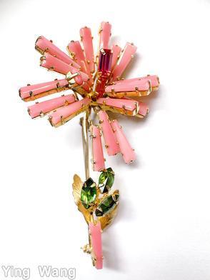 Schreiner 18 keystone radial long stem flower 3 navette 1 keystone leaf 2 metal leaf 2 baguette flower eye opaque pink keystone purple baguette green navette goldtone jewelry