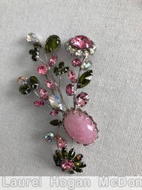 Schreiner 2 flower 4 branch bunch pin 1 large oval cab marbled pink peridot ab crystal jewelry