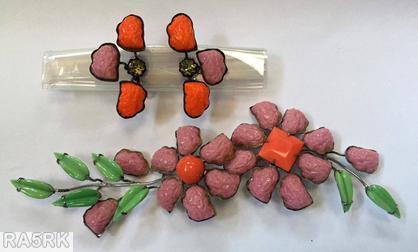 Schreiner 2 flower long branch pin opaque pink lava stone coral square stone coral lava stone opaque apple green petal stone silver tone jewelry