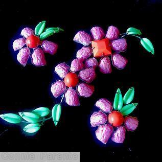 Schreiner 2 flower long branch pin purple lava stone coral square stone coral lava stone opaque apple green petal stone silver tone jewelry