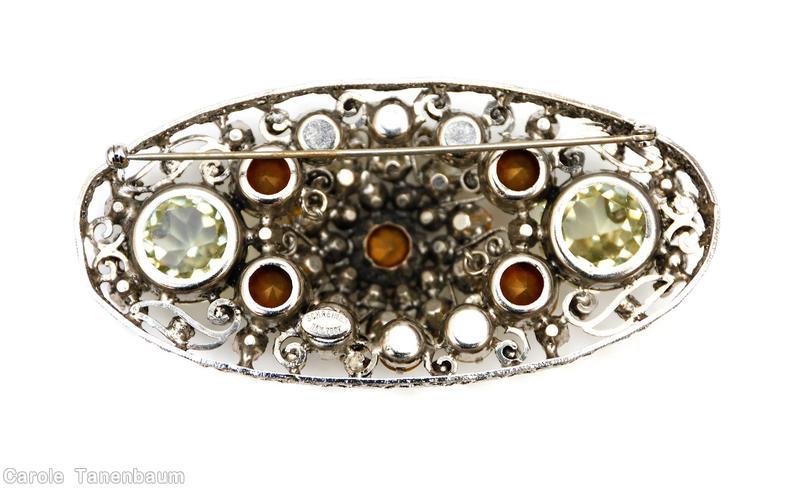 Schreiner 2 large chaton long oval shadow box pin faux pearl faceted clear champagne chaton amber jewelry