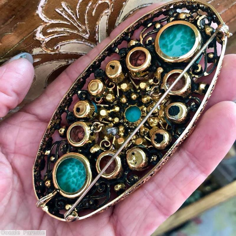 Schreiner 2 large chaton long oval shadow box pin marbled peking glass peach venetian faux pearl  jewelry