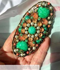 Schreiner 2 large chaton long oval shadow box pin marbled peking glass peach venetian faux pearl  jewelry