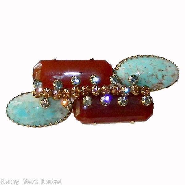 Schreiner 2 large oval cab 2 elongated hexagon stone pin carnelian turquoise ab jewelry