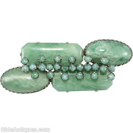 Schreiner 2 large oval cab 2 elongated hexagon stone pin jade silvertone jewelry