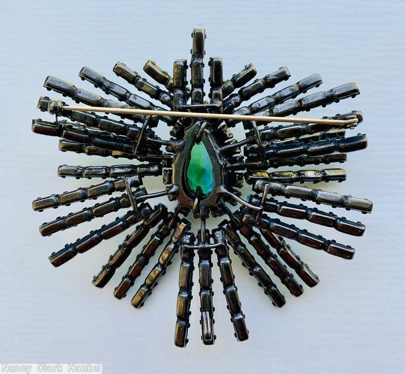 Schreiner 2 level 12 group spoke pin each group 3 baguette branch aqua baguette amber inverted small stone clear aqua faceted teardrop center jewelry