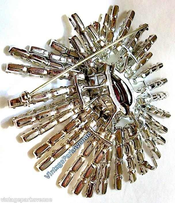 Schreiner 2 level 12 group spoke pin each group 3 baguette branch pink large faceted teardrop center crystal silvertone jewelry