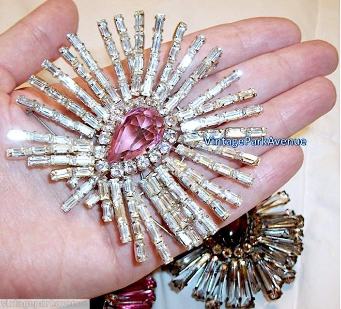 Schreiner 2 level 12 group spoke pin each group 3 baguette branch pink large faceted teardrop center crystal silvertone jewelry