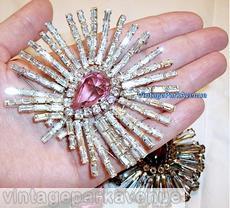 Schreiner 2 level 12 group spoke pin each group 3 baguette branch pink large faceted teardrop center crystal silvertone jewelry