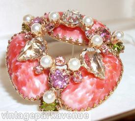 Schreiner 2 level 3 large oval cab sided triangle pin top circle 3 large teardrop 3 chaton faux pearl marble coral large oval cab crystal large faceted teardrop faux pearl peridot small chaton purple chaton goldtone jewelry