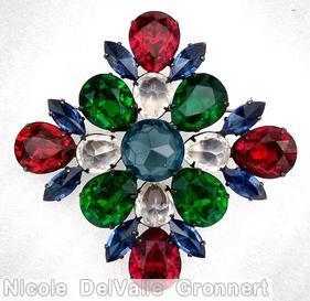Schreiner 2 level cross pin 12 teardrop stone ruby emerald navy crystal smoky blue jewelry