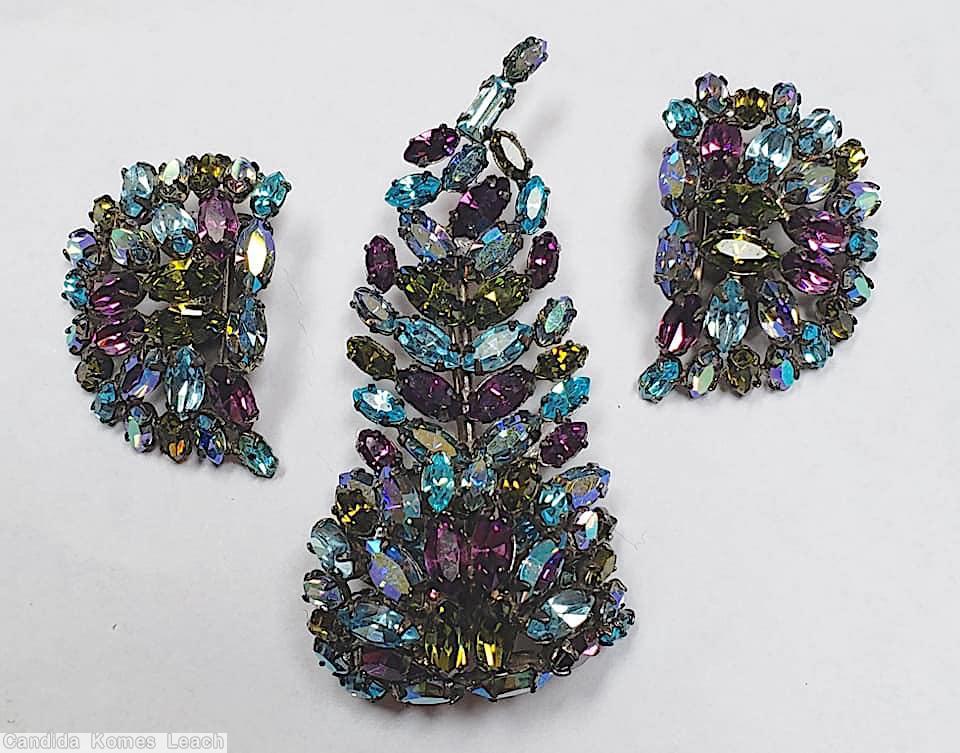 Schreiner 2 level curly feather pin purple peridot ice blue jewelry