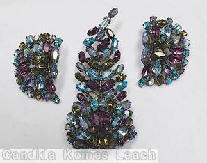 Schreiner 2 level curly feather pin purple peridot ice blue jewelry