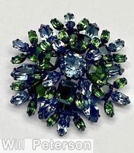 Schreiner 2 level domed radial pin top leve 4 emerald cut 4 navette chatton center bottom level 6 large navette 6 emerald cut ice blue emerald jewelry