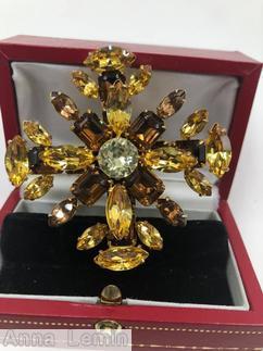 Schreiner 2 level double cross navette end chaton center amber navette topaz emerald cut clear champagne chaton center goldtone jewelry