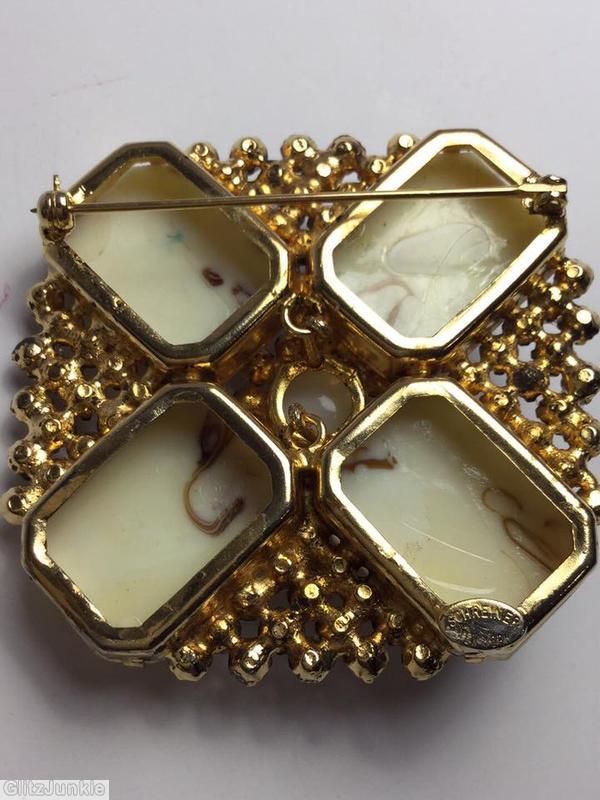 Schreiner 2 level flat bottom cross pin chaton center large 4 emerald cut brown marbled milk white carnelian moonglow white jewelry