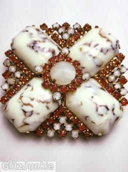 Schreiner 2 level flat bottom cross pin chaton center large 4 emerald cut brown marbled milk white carnelian moonglow white jewelry