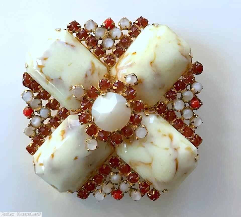 Schreiner 2 level flat bottom cross pin chaton center large 4 emerald cut brown marbled milk white carnelian moonglow white jewelry