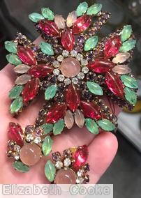 Schreiner 2 level jelly bean cross pin top level round cab center 12 surrounding small stone each branch 3 large jelly bean 6 small jelly bean bottom level arch of small chaton ruby peach chaton marbled apple green navette purple goldtone jewelry