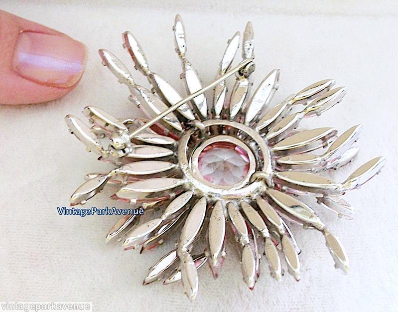 Schreiner 2 level radial 2 navette petal mums pin large round stone center pink silvertone jewelry