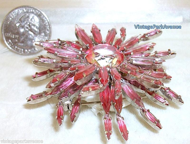 Schreiner 2 level radial 2 navette petal mums pin large round stone center pink silvertone jewelry