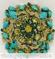 Schreiner 2 level radial 2 navette petal mums pin large round stone center pink silvertone jewelry