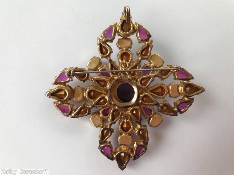 Schreiner 2 level radial cross pin large round stone center bottom level 8 surrounding small teardrop top level 8 surrounding small teardrop purple ice blue fuchsia jewelry
