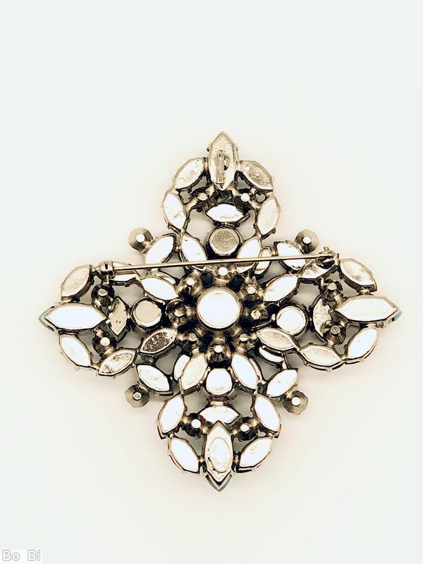 Schreiner 2 level radial cross pin large round stone center bottom level 8 surrounding small teardrop top level 8 surrounding small teardrop topaz small navette turquoise navette faux pearl silvertone jewelry