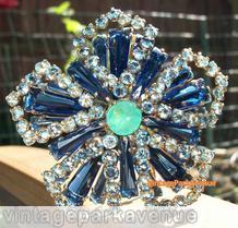 Schreiner 2 level radial keystone pin chaton center top 5 peta shaped frame bottom 5 groups of 3 keystone blue keystone marbled green chaton center ice blue inverted stone jewelry