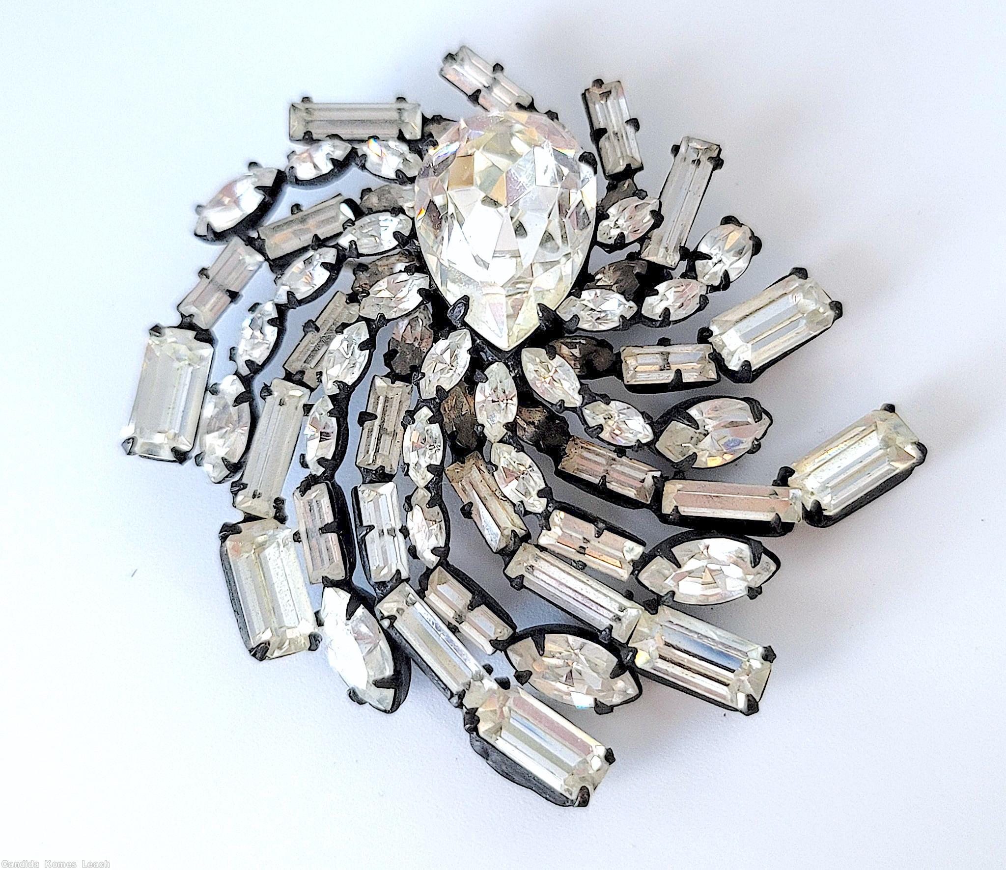 Schreiner 2 level radial swirl pin of 18 branch large teardrop center top 8 navette branch bottom 10 baguette branch crystal jewelry