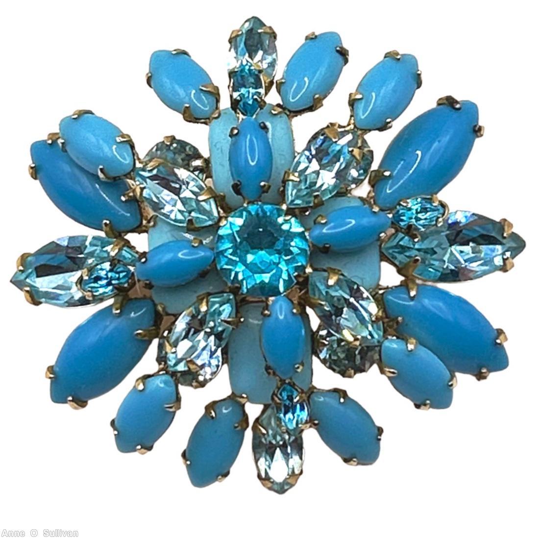 Schreiner 2 level redical pin top chaton center 8 surrounding branch of 2 navette bottom 4 large rectangle stone 2 group of 3 large navette 2 group of 3 small navette aqua chaton center opaque babyblue navette ice blue faceted navette goldtone jewelry