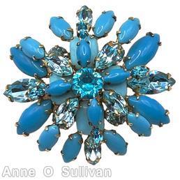 Schreiner 2 level redical pin top chaton center 8 surrounding branch of 2 navette bottom 4 large rectangle stone 2 group of 3 large navette 2 group of 3 small navette aqua chaton center opaque babyblue navette ice blue faceted navette goldtone jewelry