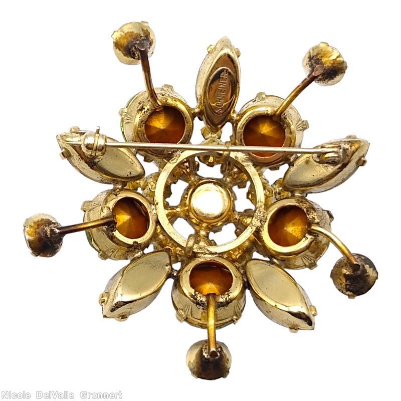 Schreiner 2 level spoke radial pin hook eye ab crystal navette bicolor ruby green stone goldtone jewelry