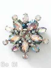 Schreiner 2 level spoke radial pin hook eye ab crystal navette bicolor ruby green stone goldtone jewelry