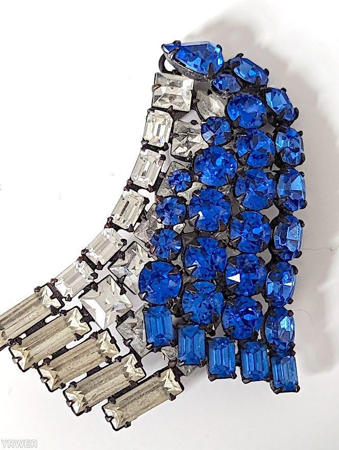 Schreiner 2 level wing shaped pin royal blue chaton crystal small baguette gunmetal back jewelry