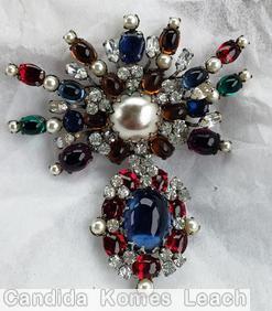 Schreiner 2 part top down dangle pin radial varied length branch radial top faux pearl center oval domed large oval center bottom crystal emerald ruby sapphired amber faux pearl jewelry