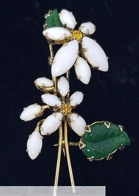 Schreiner 2 trembler flower 2 carved leaf pin milk white navette green carved leaf goldtone jewelry